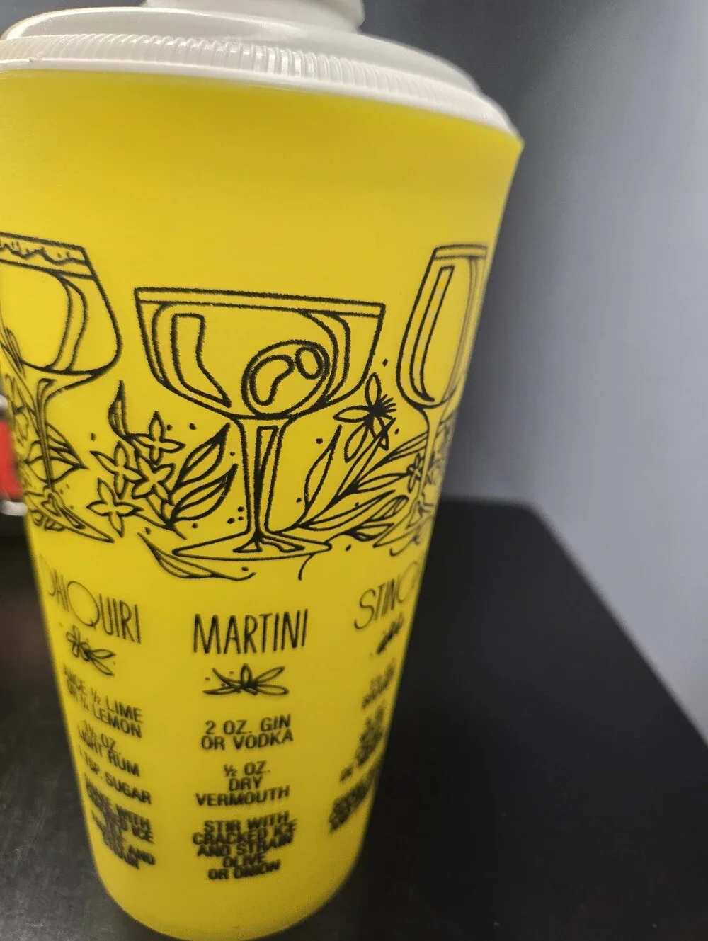 Vintage MCM 1960s Yellow Cocktail Shaker w Cap+ Strainer + Cocktail Recipes